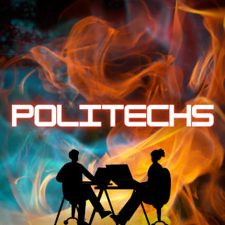 Podcast logo: silhouettes of two people sitting at a table with laptops over a background of flames